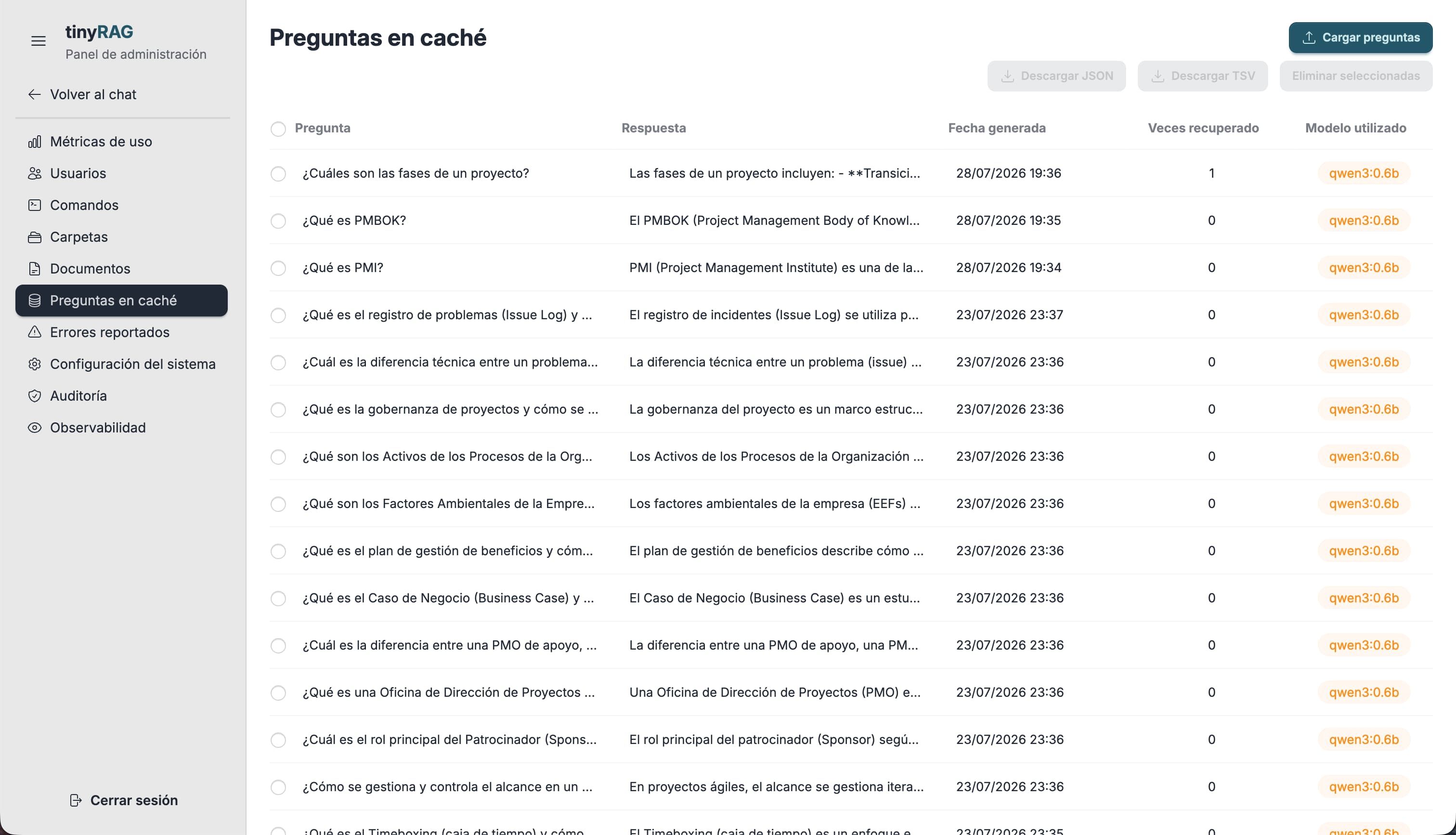 Tabla de preguntas en caché de tinyRAG con la respuesta guardada, la fecha y las veces que se reutilizó
